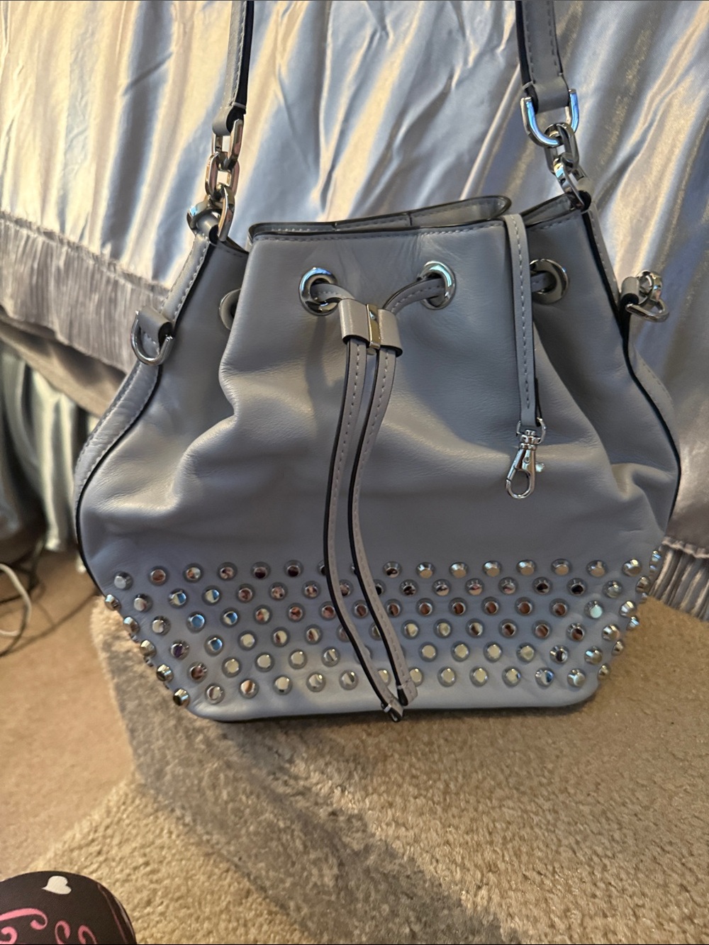 Michael Kors Gray Studded Drawstring Shoulder Bag